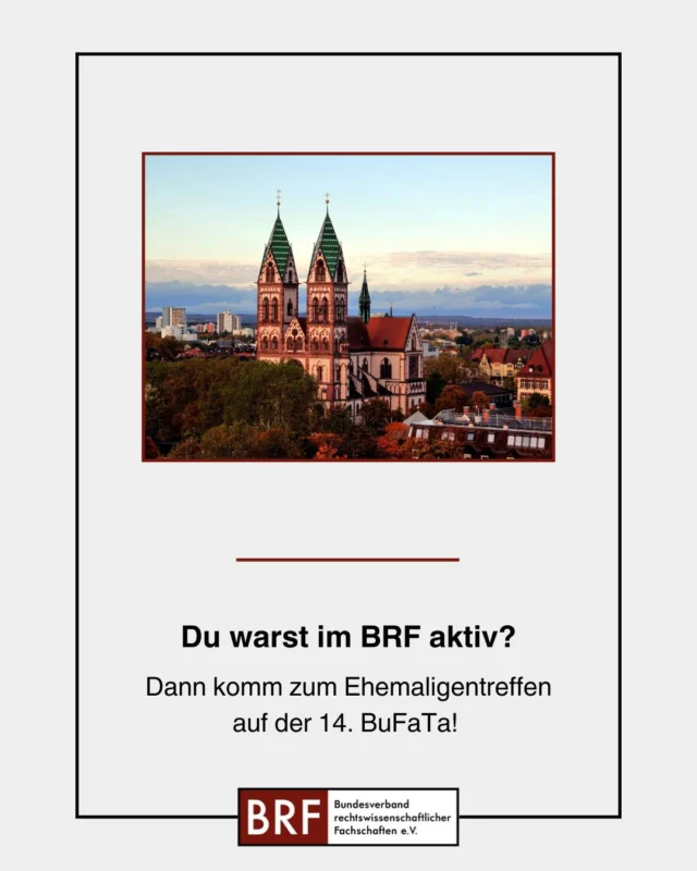 Am 17. Mai 2025 ist es wieder soweit: Anlässlich der BuFaTa laden wir alle ehemaligen BRF-Aktiven herzlich zum BRF-Ehemaligentreffen in Freiburg ein! Egal, ob Du seit Jahren nicht mehr aktiv bist oder erst kürzlich aufgehört hast – komm vorbei!

🎉 Was Dich erwartet:
📌 Ein Wiedersehen mit alten Bekannten und neuen Gesichtern
📌 Eine gemeinsame Stadttour durch Freiburg
📌 Ein entspannter Tag voller Erinnerungen und guter Gespräche

📅 Melde Dich an!
Trag Dich unter bundesfachschaft.de/ehemaligennetzwerk oder über den Link in unserem Profil in das Anmeldeformular zum Ehemaligennetzwerk ein und bleibe über alle wichtigen Infos zum Treffen auf dem Laufenden.

Wir freuen uns darauf, Dich in Freiburg zu sehen und gemeinsam alte Erinnerungen aufleben zu lassen!

___________

#ehemaligentreffen #brf #alumni #bufata #alumnitreffen #bundesfachschaft #freiburg #brfliebe