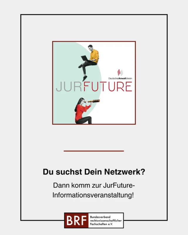 Du willst Dich mit Studierenden, Referendar:innen und Anwält:innen aus Deiner Stadt austauschen und schon im Studium ein Netzwerk aufbauen? Genau das bietet Dir jetzt der @anwaltverein.de mit JurFuture – kostenlos.

Um Dir einen Überblick über das Netzwerk und die Angebote zu verschaffen, laden wir Dich zu einer Infoveranstaltung am 15.04.2025 um 18:00 Uhr ein. Das Zoom-Meeting erreichst Du unter https://bundesfachschaft.de/jurfuture oder über den Link in unserem Profil.