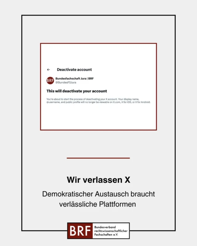 Auf unserer letzten Mitgliederversammlung haben wir als BRF beschlossen: Wir löschen unseren X-Account!

📌 Desinformationen haben in den sozialen Medien grundsätzlich einen Vorteil. Das weiß Elon Musk und nutzt X, um seine politische Agenda gezielt voranzutreiben.
So verbreitet er nicht nur selbst antidemokratische Inhalte und unterstützt rechte Hetze, sondern nimmt durch den Algorithmus direkt Einfluss auf die Sichtbarkeit von Posts und schaffte Sicherungsmechanismen wie Faktenchecks, Content-Moderation und Verifizierungen ab (Desinformations-Supersharer können sich entsprechende Verifizierungen jetzt kaufen).

📌 Oft wird der Einwand vorgebracht, dass man das Feld nicht den Autoritären und Populisten überlassen sollte und ja: Austausch ist in einer Demokratie unverzichtbar, aber auf X zerstört Musk systematisch die Spielregeln für die Demokratie.

📌 Deshalb sind wir der Meinung, dass es nicht zielführend ist, sich auf einer Plattform auszutauschen, die pluralistische Inhalte unterdrückt, sondern dass es wichtig ist, andere gemeinsame Räume zu schaffen. Wir sind weiterhin auf Instagram, Threads und LinkedIn zu finden und freuen uns, uns dort weiter mit Euch über die Reform der juristischen Ausbildung auszutauschen.

__________

#musk #x #twitter #demokratie #socialmedia #fakenews #desinformation