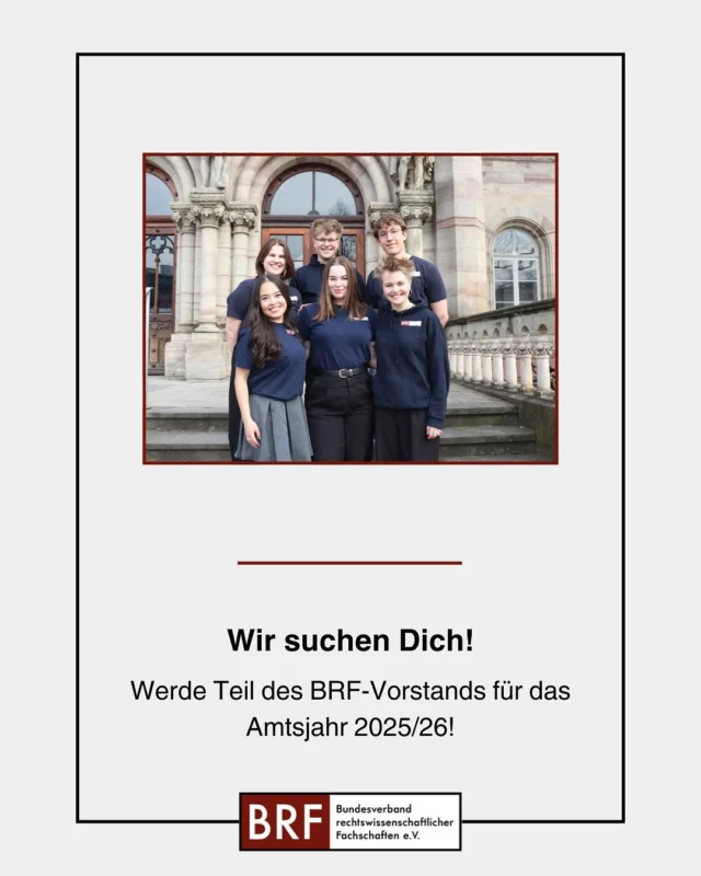 Auf unserer kommenden Bundesfachschaftentagung vom 16. – 19.05.2025 wird unter anderem auch unser Vorstand neu besetzt.

📌 Dafür suchen wir für jedes Ressort motivierte und engagierte Person. Du hast Lust, Dich während Deines Studiums für eine bessere juristische Ausbildung einzusetzen und den BRF voranzubringen? Dann reiche jetzt Deine Kandidatur ein!

📌 Um Dir einen Einblick in die Arbeit des Vorstands zu geben, findet am kommenden Montag, dem 29.04.2024 ab 20:30 Uhr eine offene Vorstandssitzung via Zoom statt. Dem Meeting kannst Du unter www.bundesfachschaft.de/offene-vorstandssitzung oder über den Link in unserem Profil beitreten.

Fragen zur Arbeit im Vorstand und zu den einzelnen Ressorts beantworten Dir unsere aktuellen Vorstandsmitglieder gern. Du findest ihre Kontaktdaten unter www.bundesfachschaft.de/vorstand. Eine ausführlichere Übersicht über die Aufgaben der Vorstandsressorts und eine Einschätzung des Zeitaufwands findest Du unter www.bundesfachschaft.de/vorstandsressorts.