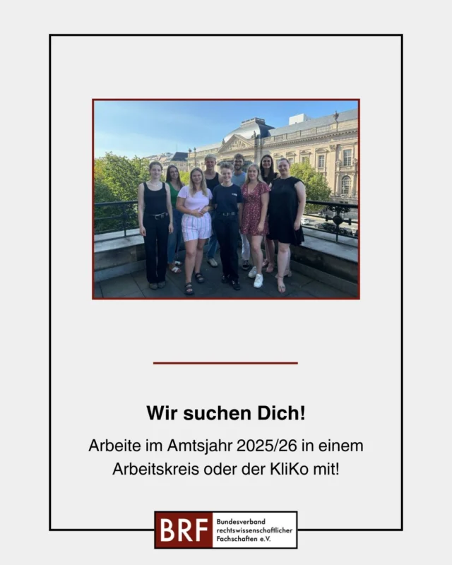 Auf unserer kommenden Bundesfachschaftentagung vom 16.- 19.05.2025 werden unter anderem unsere Arbeitskreise neu besetzt. Dafür suchen wir für jeden Arbeitskreis zwei neue Arbeitskreisleitungen.

📌 Die Arbeitskreise erarbeiten die inhaltlichen Forderungen des BRF, setzen sich mit aktuellen reformpolitischen Fragen auseinander und teilen die Ergebnisse bspw. in Workshops und Artikeln. 
Du hast Lust, Dich während Deines Studiums für eine bessere juristische Ausbildung zu engagieren? Dann reiche jetzt Deine Kandidatur ein!

📌 Um Dir einen Einblick in die Arbeit der Arbeitskreise und der Arbeitskreiskonferenz zu geben, findet am Dienstag, den 06.05.2024 ab 19:00 Uhr eine offene AKK-Sitzung via Zoom statt. Dem Meeting kannst Du über www.bundesfachschaft.de/offene-akk-sitzung beitreten.

📌 Fragen zur Arbeit in den Arbeitskreisen beantworten Dir jederzeit gerne unsere Vorständin für Inhaltliche Koordination Zora und die aktuellen Arbeitskreisleitungen. Du findest ihre Kontaktdaten sowie eine ausführlichere Beschreibung der Aufgabenfelder unter www.bundesfachschaft.de/akk.
