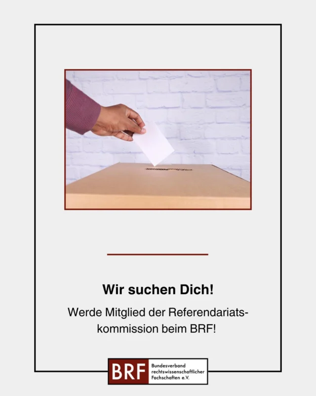 Jetzt mitgestalten: Werde Teil der Referendariatskommission beim Bundesverband rechtswissenschaftlicher Fachschaften e.V.! 📣 

Du willst das Referendariat verbessern, mitreden statt zusehen und bundesweit was bewegen? Dann stell dich zur Wahl für die RefKo!

🗓 Wahl: Montag, 26.05.2025, 19:00 Uhr (via Zoom)
📩 Kandidatur bis 25.05.2025, 16:00 Uhr an: refko@bundesfachschaft.de

Gesucht werden:
👩‍⚖️ Zwei (ehemalige) Referendar:innen
🎓 Zwei Studierende
➕ 1 Nachrückplatz für Referendar:innen (bis 30.11.2025)

Was bringt’s dir?
✅ Du setzt dich aktiv für bessere Bedingungen im Referendariat ein
✅ Du tauschst dich mit Politik, Justizprüfungsämtern & co. aus
✅ Du entwickelst Positionen, Stellungnahmen & Projekte
✅ Du trägst zur Verbesserung der Qualität der Lehre und zur Vereinheitlichung des Prüfungsstoffes bei

💬 Auch eine Mitarbeit als Referent:in ist jederzeit möglich – schreib uns einfach!